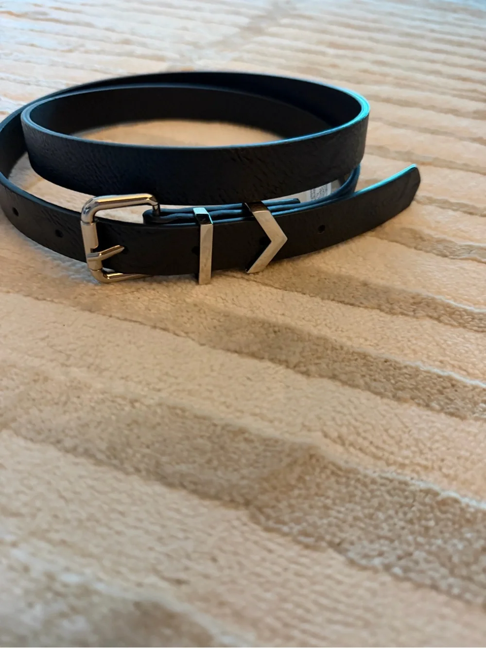 Vince Camuto Black Leather Slim Belt with Silver Chevron Buckle